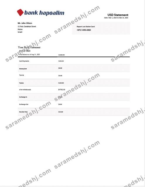 Israel Bank Hapoalim bank statement Word and PDF template